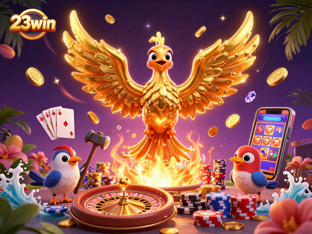 Experience thrilling 23win gaming action with a molten phoenix, coins, and casino elements.