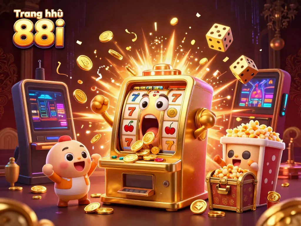 Experience the excitement of Trang chủ 88i as a golden slot machine surprises itself with a jackpot, surrounded by cheering mini machines and joyful elements.
