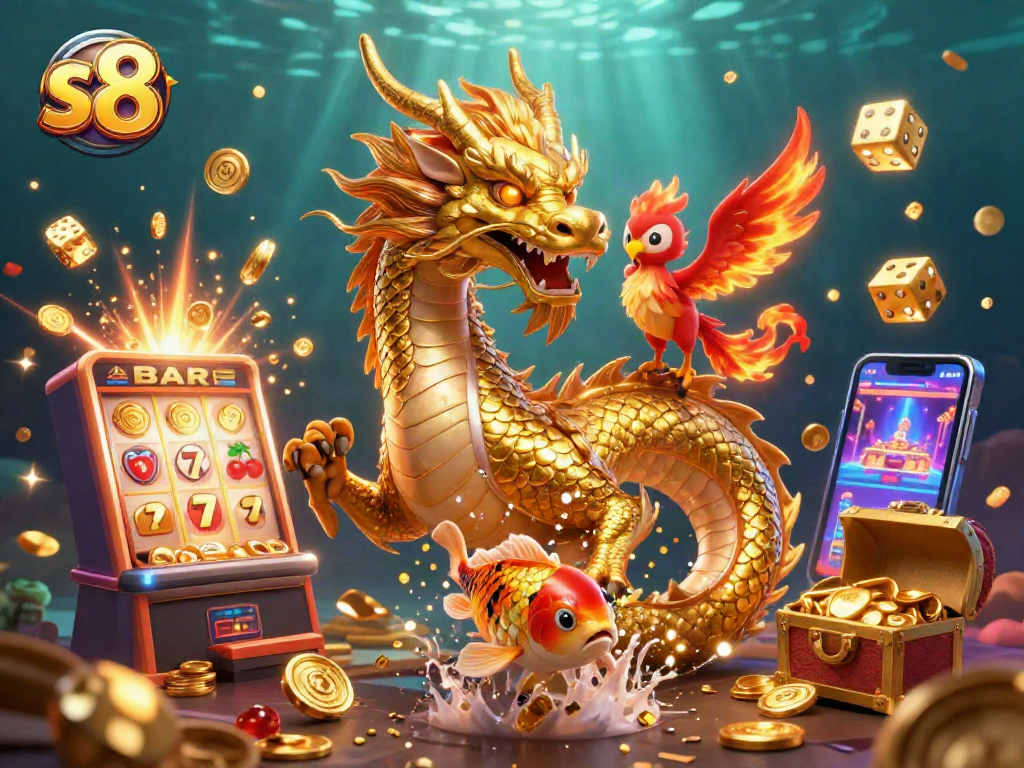 Experience thrilling wins with the s8 casino, featuring dynamic dragons and a lucky koi fish.