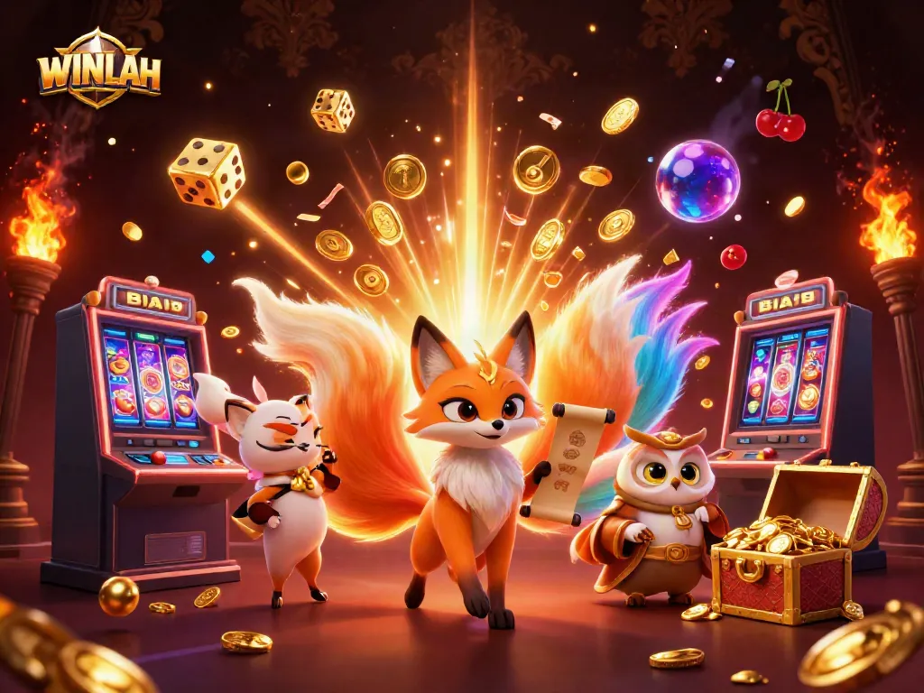 Experience the excitement of WINLAH with vibrant characters and dynamic casino elements in a stunning 3D illustration.