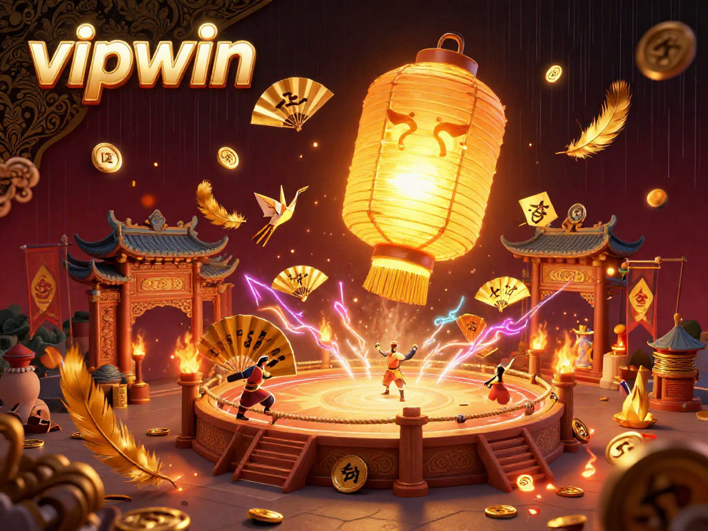 Engage with exciting casino adventures at vipwin, featuring a giant golden lantern spirit and dynamic game elements.