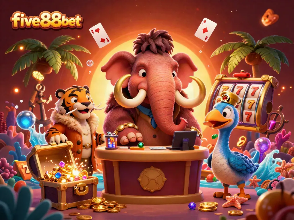 Join the vibrant five88bet casino scene with characters celebrating rich rewards amidst vivid treasure.