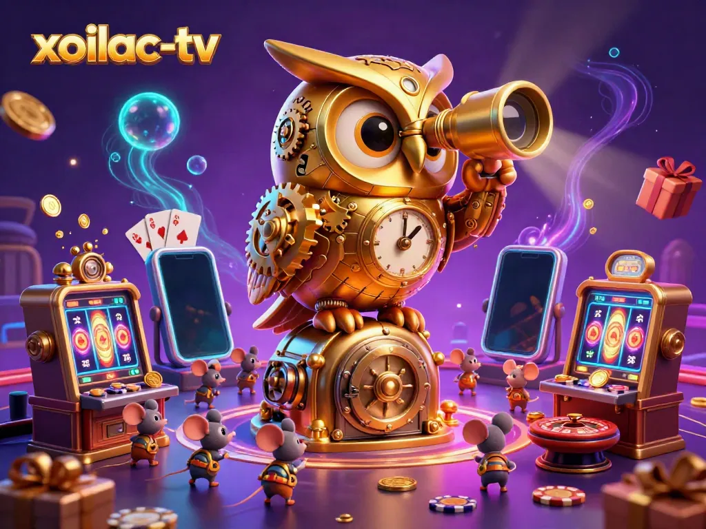 Xoilac-tv enhances gambling excitement with a golden owl overseeing slot machines and animated game elements.