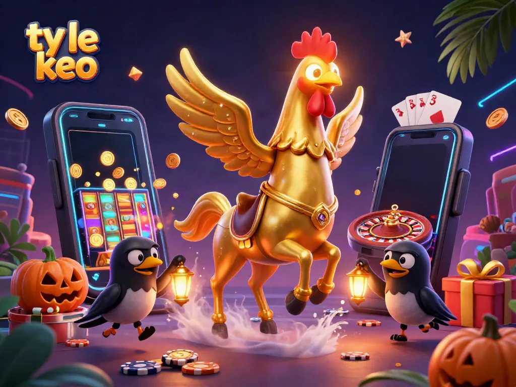Experience ty le keo with lively golden rooster characters and dynamic casino elements in a vibrant 3D scene.