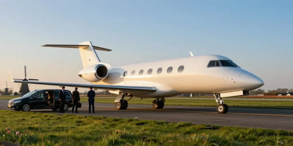 Private jet rental Amsterdam scene with passengers boarding a luxurious aircraft at sunset.