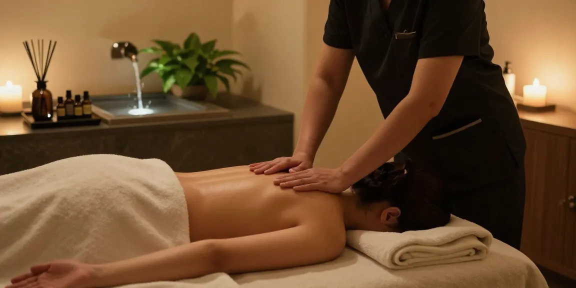 A soothing 군포출장마사지 session in a tranquil spa setting with warm lighting and aromatic elements