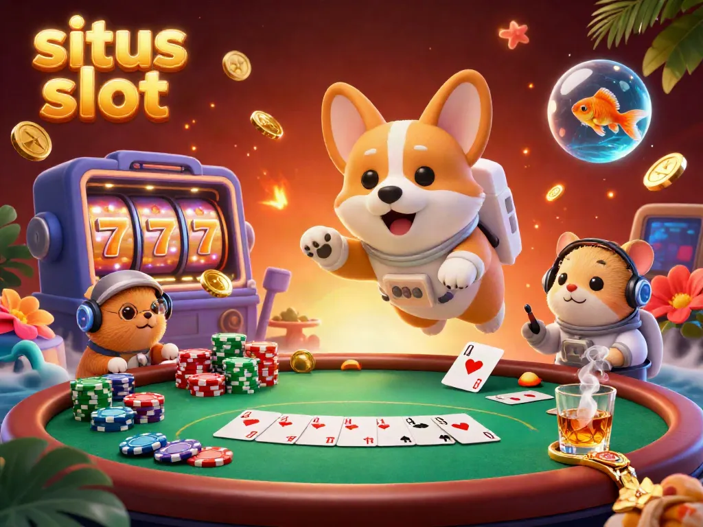 Engage in situs slot with a playful astronaut corgi and floating casino elements in a dynamic space scene.