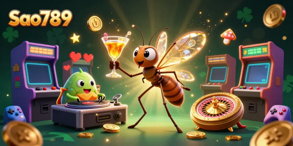 Sao789 casino mascot blends gaming and luxury, featuring a frozen mosquito with a golden cocktail, amidst vibrant arcade elements.
