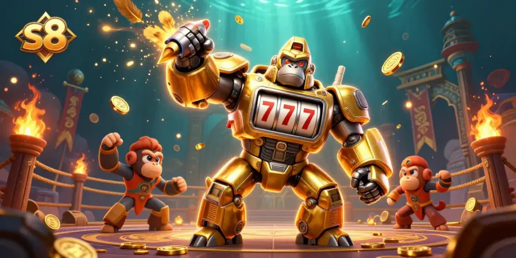 S8 gaming dynamic scene with a golden gorilla mech and explosive slots action.
