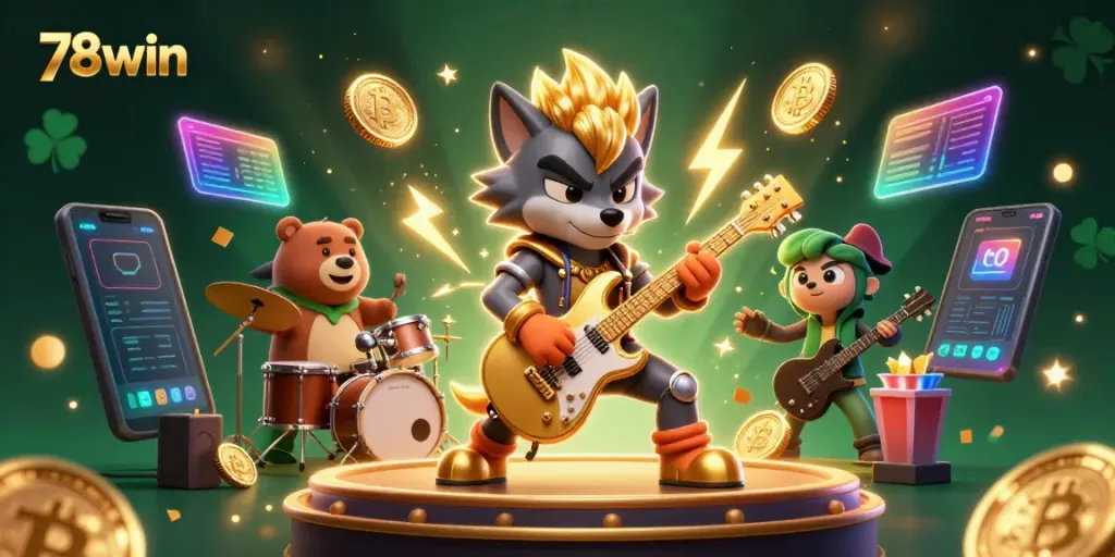 Engage with 78win: A dynamic, lively casino scene with exciting characters and cryptocurrency elements.