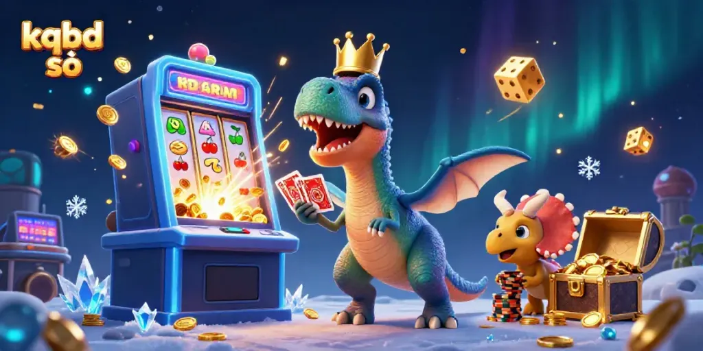 Experience the excitement of kqbd số with a friendly T-Rex and casino elements, showcasing dynamic gaming action.