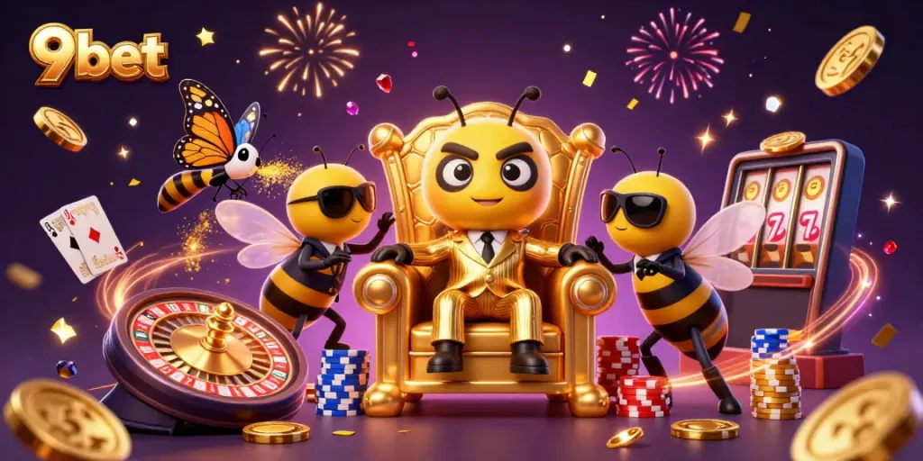 Experience the excitement of 9bet as the mob boss oversees a vibrant casino scene filled with treasures.