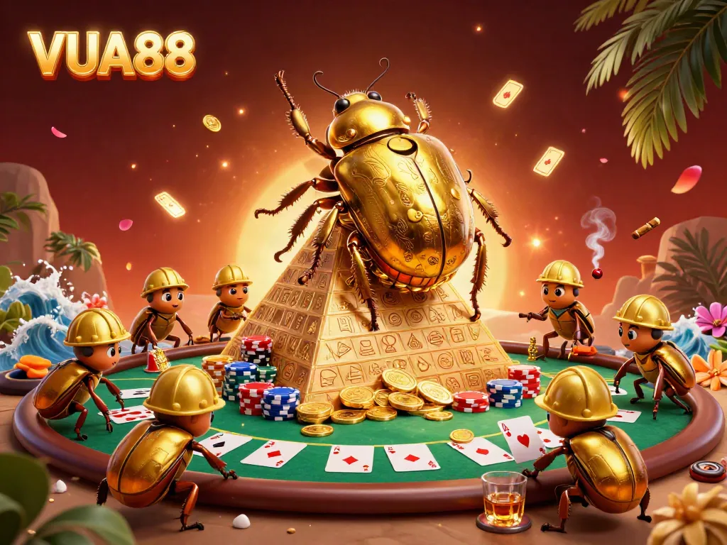 Experience the vibrant world of VUA88 with a dynamic casino scene featuring animated golden beetles among poker elements.