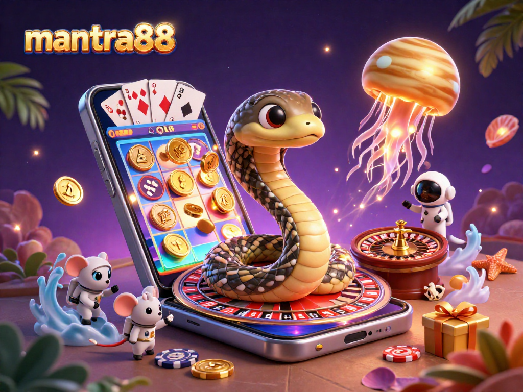 Place your bets with mantra88 as the Saturn ring snake spins in a cosmic casino.