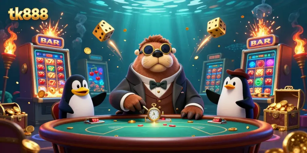 Engaging scene at tk888 reveals a walrus and penguin playing poker with slot machine action.