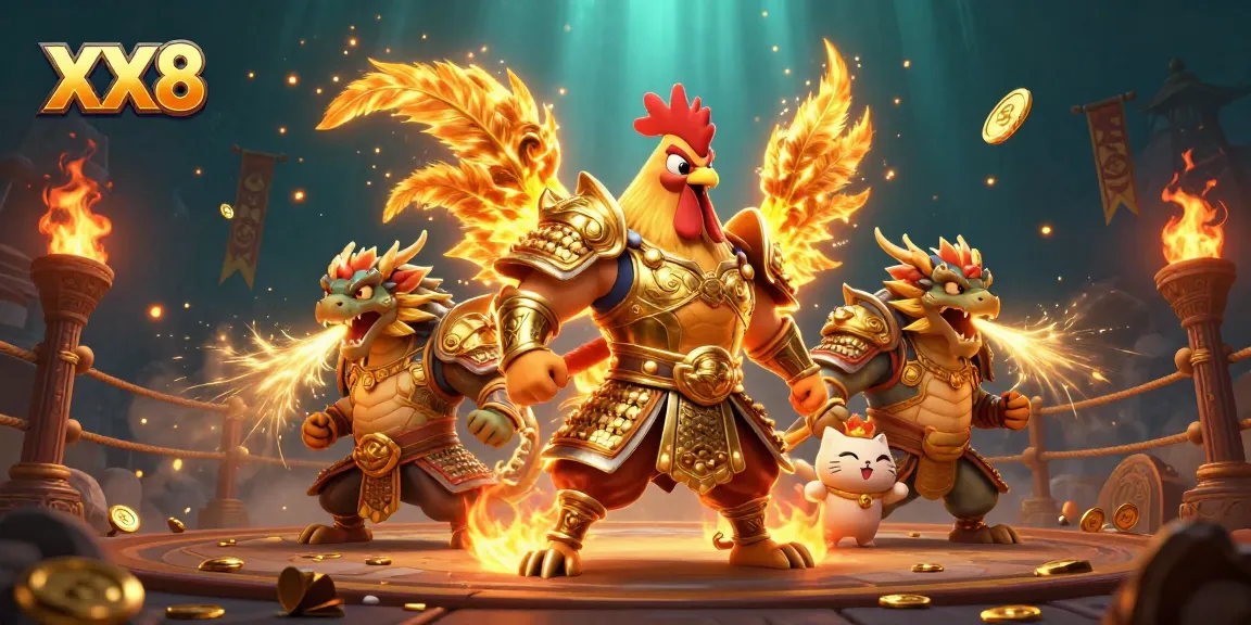 Engage in thrilling battles with gold as XX8’s fighting rooster warrior and dragon hatchling take the stage.