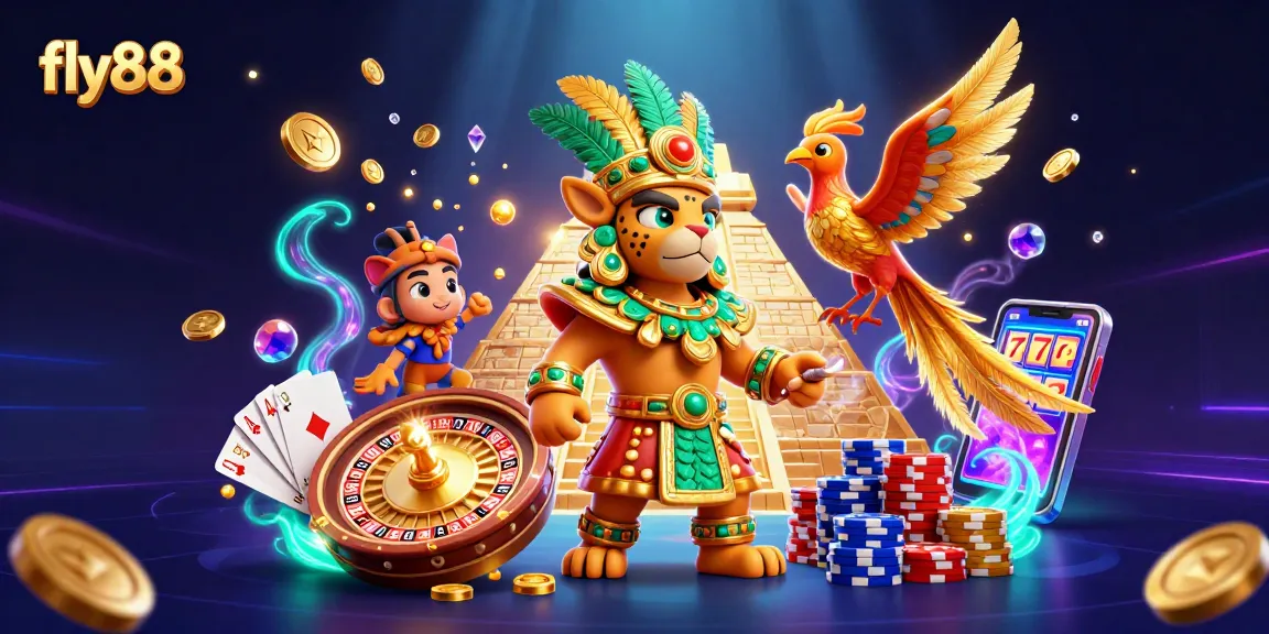 Experience the thrill of fly88 with a luxurious casino scene featuring dynamic games and characters.