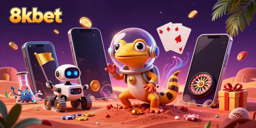 Spin to win at 8xbet with a whimsical Martian gecko discovering treasures in a vibrant casino scene.
