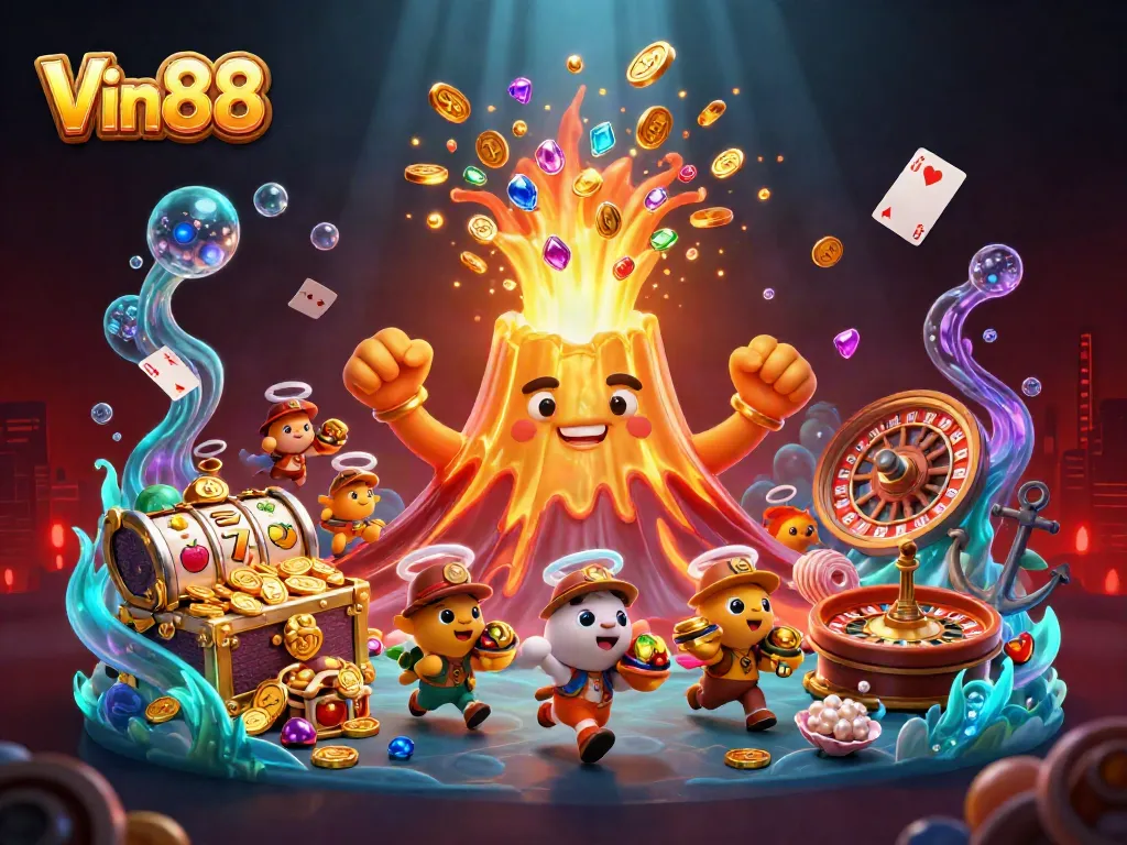 Win big at Vin88 with a vibrant 3D casino explosion of treasures and gaming elements.