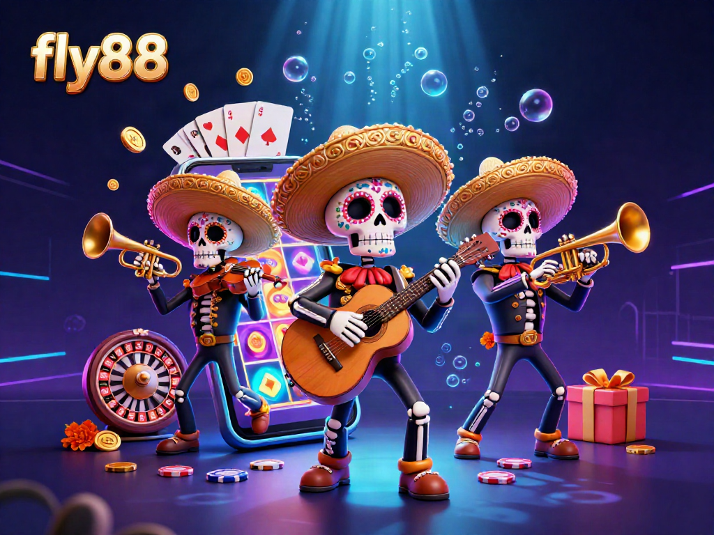 Experience the vibrant energy of fly88 with a colorful mariachi band and dynamic casino elements.