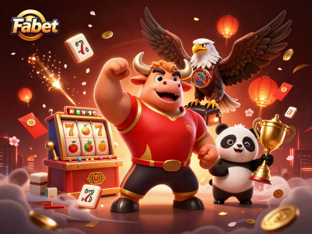 Fabet showcases a dynamic scene with a bull mascot, eagle, and panda celebrating with slot game symbols.
