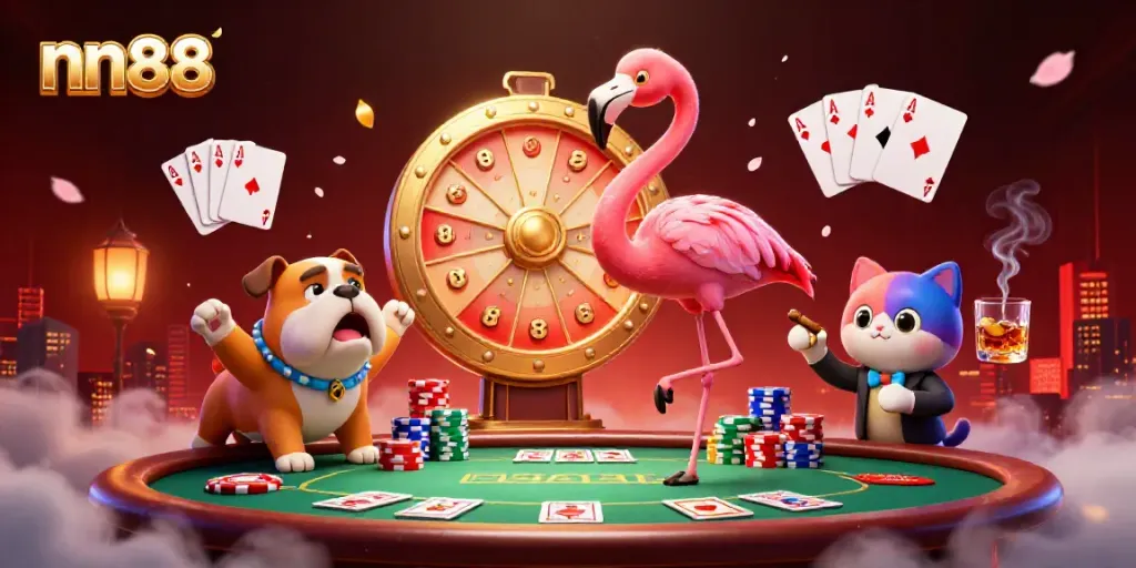 Engaging nn88 casino scene with characters celebrating a big win at a poker table, showcasing excitement and prize rewards.