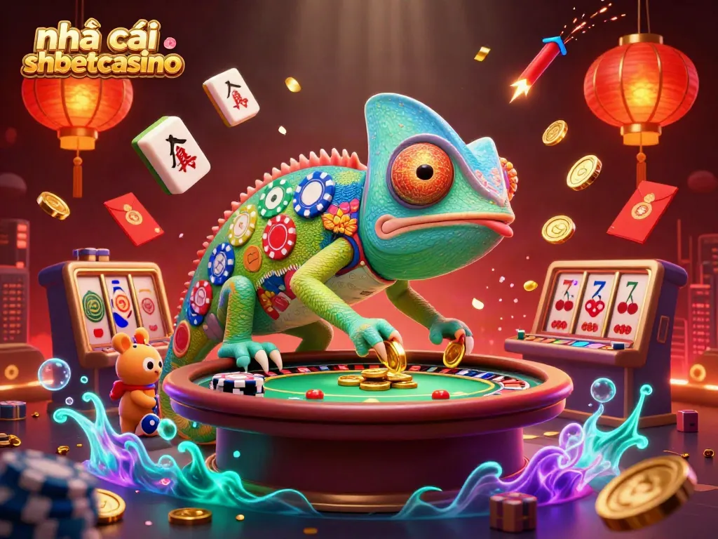 Engage with the vibrant scene of nhà cái shbetcasino, featuring a colorful chameleon casino owner and dynamic game elements.