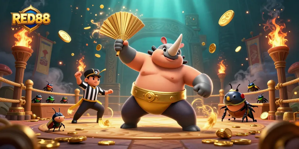 RED88 showcases a vibrant sumo beetle champion amidst golden coins and dynamic casino elements.