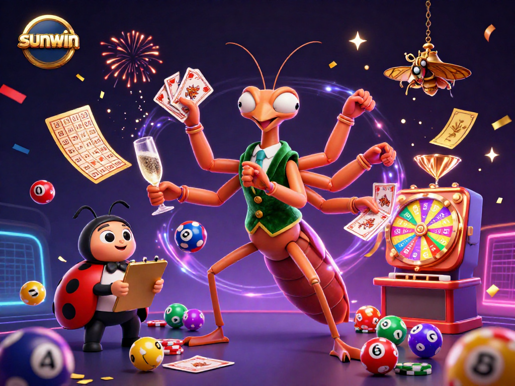 Sunwin’s vibrant lottery celebration depicts engaging characters and festive gaming elements.