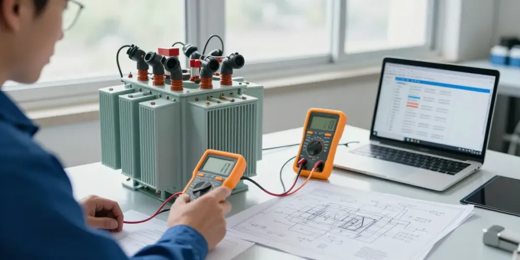 Technicus die een medium voltage transformer selecteert met technische documentatie in een professionele omgeving.