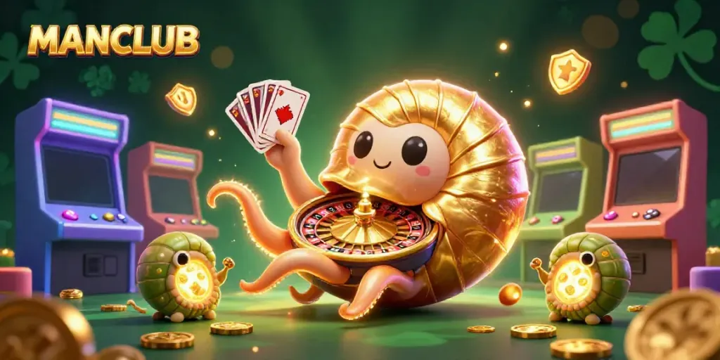 Engage with the MANCLUB roulette wheel experience in a vibrant casino scene filled with game elements.