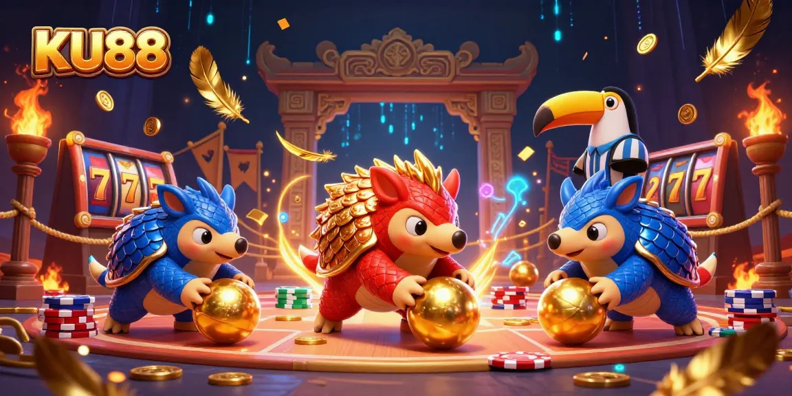 KU88 features rival pangolins competing in a dynamic casino scene with golden elements and vibrant details.