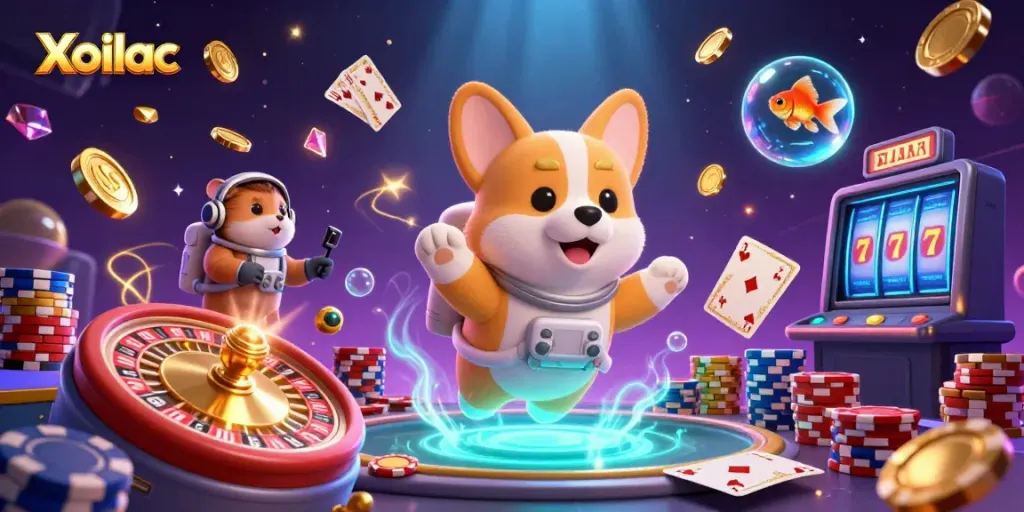Xoilac presents an exciting casino atmosphere with a corgi astronaut, hamster, and goldfish in a vibrant setting.