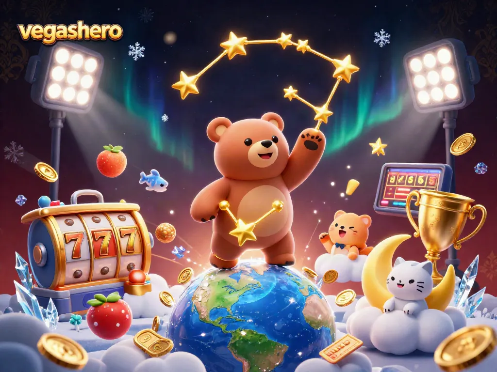 Engage in thrilling gaming with vegashero as a constellation bear gathers coins amidst vibrant slot elements.