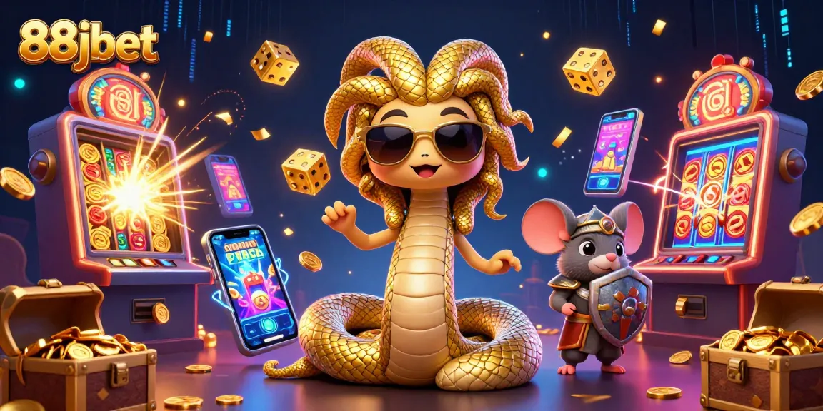 Enjoy thrilling gameplay at 88jbet with Medusa and a warrior mouse surrounded by slot machines and jackpots.