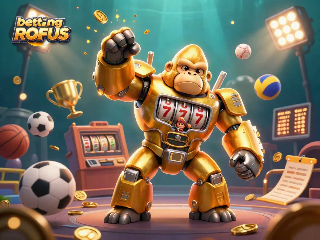 Betting uden ROFUS characters engage in high-energy gambling action featuring golden gorilla mech and sports elements.