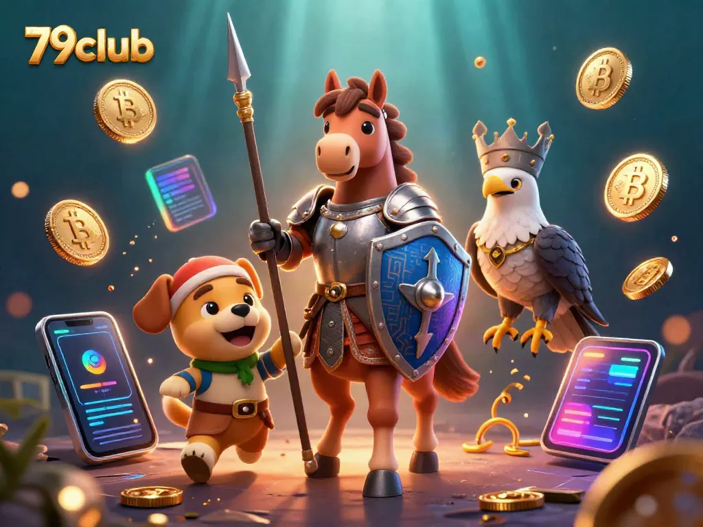 Experience the thrill of winning with 79club's 3D casino adventure featuring a knight, puppy, and falcon amidst crypto elements.