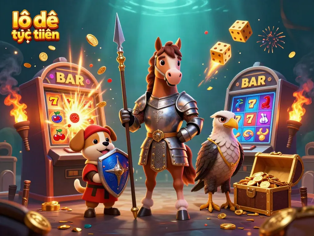 Experience lô đề trực tuyến with a vibrant 3D casino scene featuring knights and gaming elements.