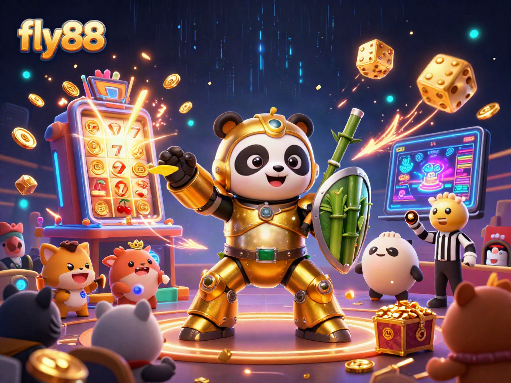 Experience the excitement of fly88 with a golden panda in a vibrant casino world.