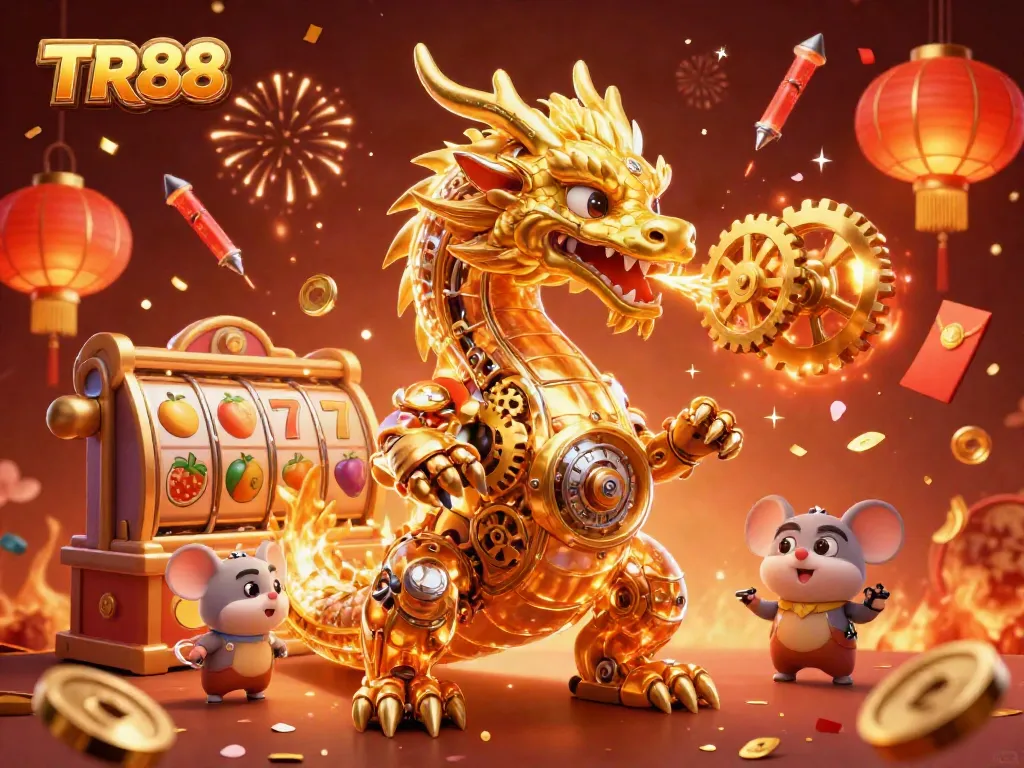 Win impressive jackpots with TR88 in a vibrant 3D casino scene featuring a golden dragon.