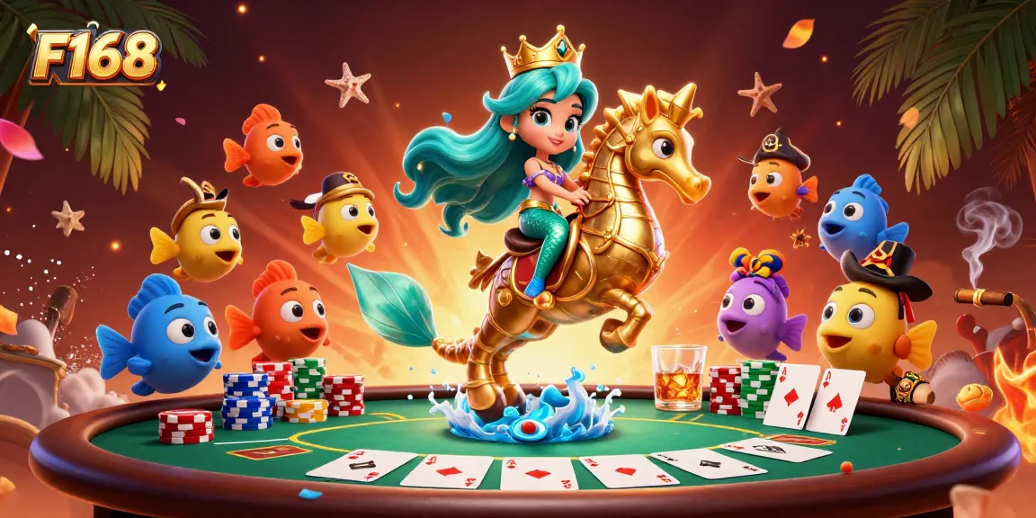 Experience the thrill of F168 casino games with vibrant characters and dynamic poker elements.