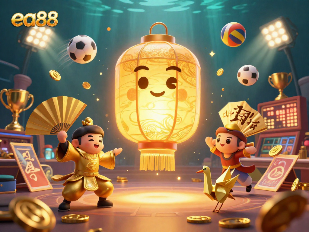 Engage with ea88's vibrant casino experience featuring golden lanterns and dynamic sports action.