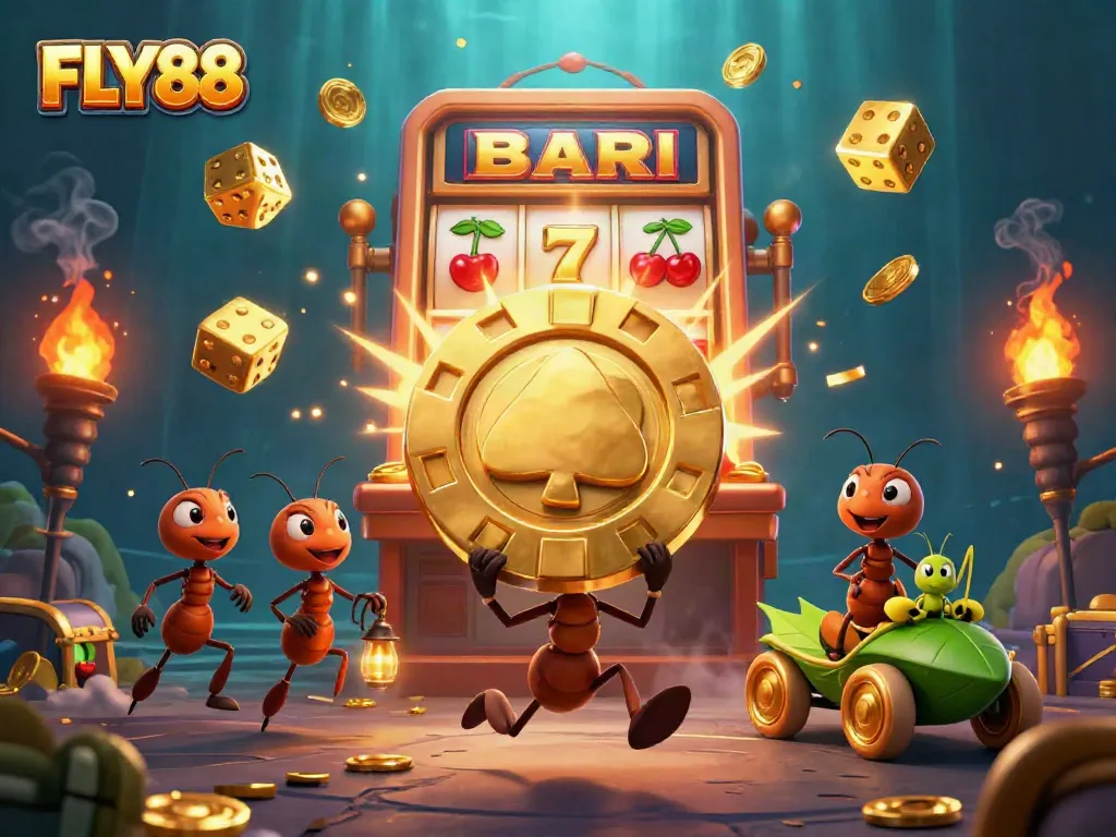 Excite players at FLY88 with ants stealing a giant poker chip in a vibrant casino adventure.