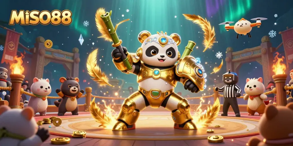 MISO88 features a dynamic competitive scene with a golden panda mech and cheering animals in a gambling arena.