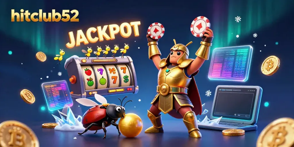 Experience the excitement of hitclub52 with a heroic beetle lifting a poker chip amidst captivating casino elements.