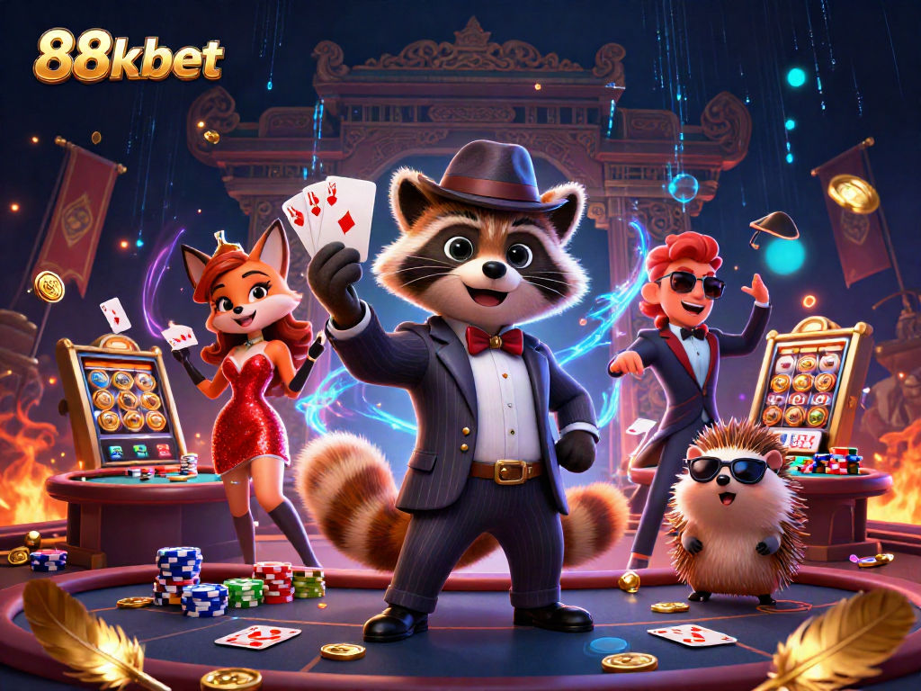 Experience 88kbet with a charming raccoon, fox, and hedgehog in an exciting casino scene.