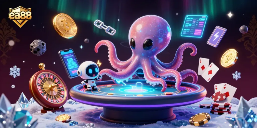 Experience exciting gameplay at ea88 with a vibrant 3D casino scene featuring alien characters and floating poker elements.