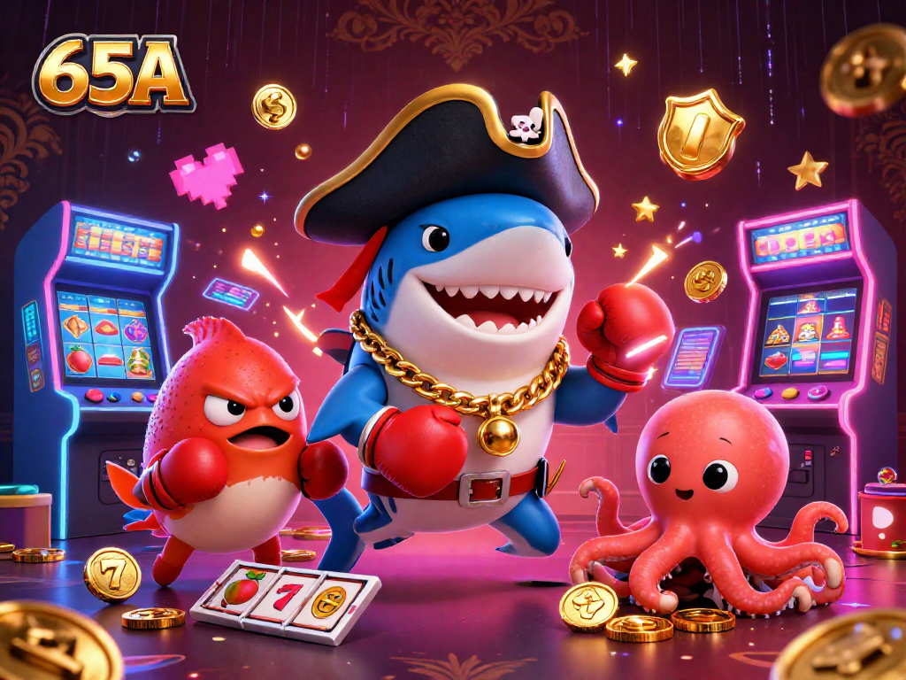 65A oferece uma ilustração vibrante de um tubarão pirata em um cassino, com máquinas caça-níqueis e moedas.