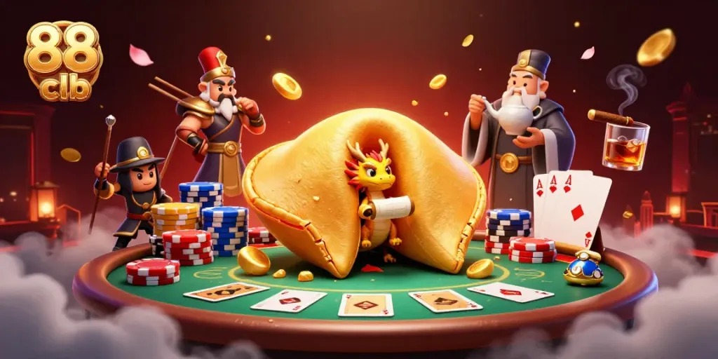 Engage in the excitement of 88 clb with a lively 3D scene of fortune cookies and poker elements.