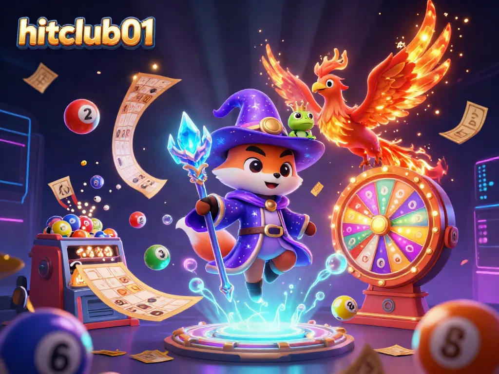 Experience exciting wins with hitclub01’s magical wizard fox and phoenix in a dynamic casino scene.